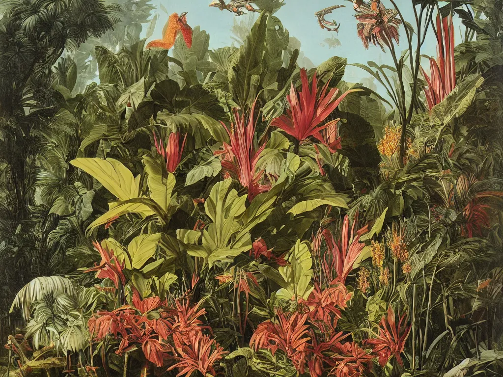 Image similar to tyrannosaurus rex, tropical plants in background, botanical, large exotic flowers, biology, painted by john audubon