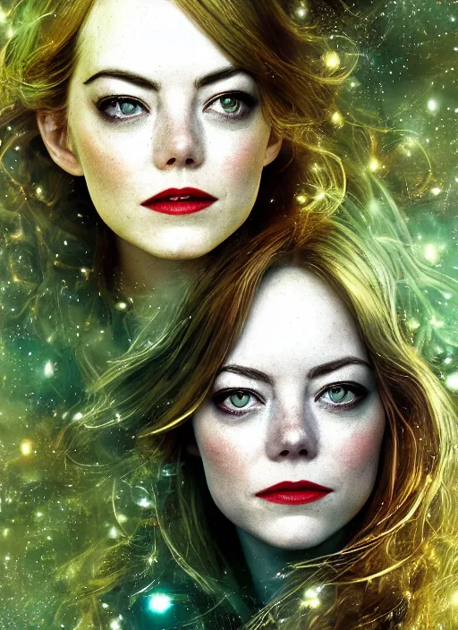 Image similar to glowing silver and golden elements, full close-up portrait, mixture of Emma Stone and Ryan Gosling as a dark witch, book cover, green forest, white moon, red lips, establishing shot, extremly high detail, photo-realistic, cinematic lighting, pen and ink, intricate line drawings, by Yoshitaka Amano, Ruan Jia, Kentaro Miura, Artgerm, post processed, concept art, artstation, matte painting, style by eddie, raphael lacoste, alex ross