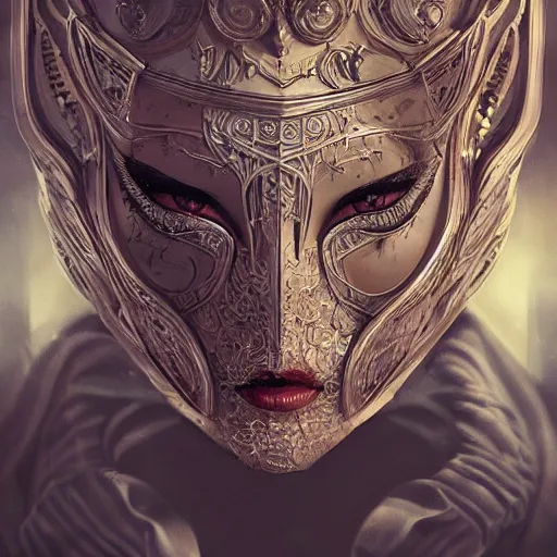 Prompt: Very very very very highly detailed epic central composition studio photography of face with venetian mask, intricate, dystopian, sci-fi, extremely detailed, digital painting, artstation, concept art, smooth, sharp focus, illustration, intimidating lighting, incredible art by Anna Dittmann and Anton Pieck and Vincent di Fate