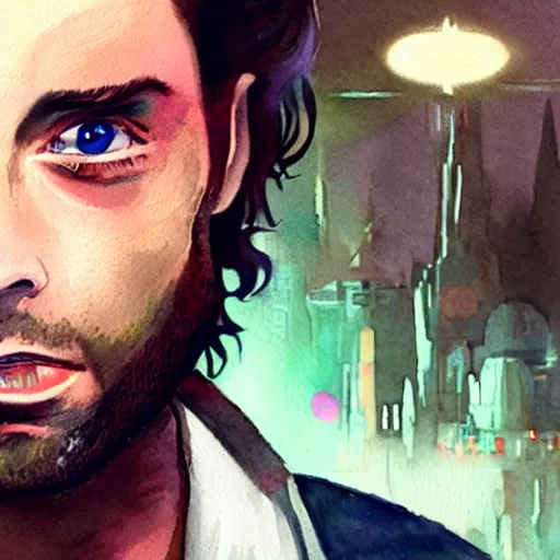 Prompt: a realistic star wars watercolor fantasy concept cart of chris d'elia as a drug dealer in a sleazy futuristic city of coruscant, hq, 4 k