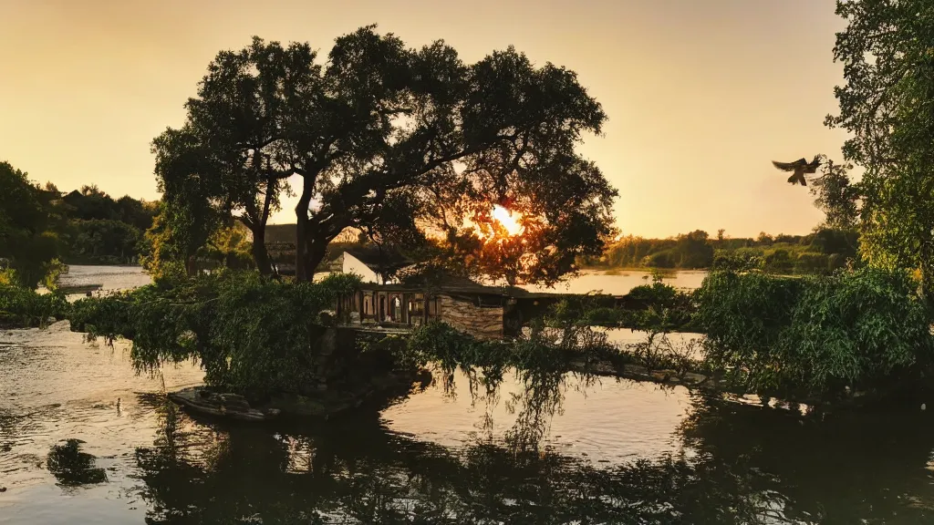 Image similar to small wooden cottage by the river, a tree with vines wrapped around it, two crows on the tree, tranquility, arch stone bridge over the river, an old man riding a horse on the bridge, sunset