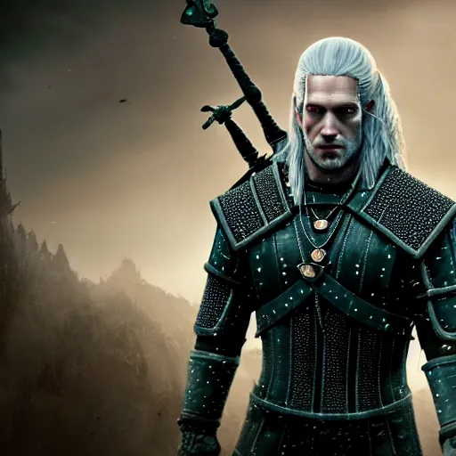 Image similar to Mark Zuckerberg as The Witcher, 4K, epic, cinematic, focus, movie still, fantasy, serious, extreme detail, atmospheric, dark colour