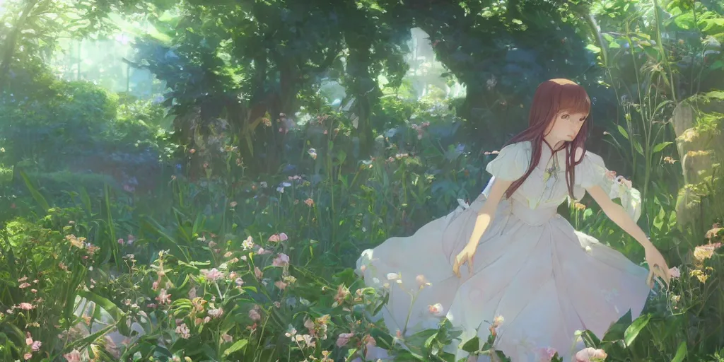 Prompt: a digital art of a loli with long hair in a dress in the privet garden at after noon, green and warm theme, back lighting, by krenz cushart and mucha and akihito yoshida and greg rutkowski and makoto shinkai, extremely long shot, detailed eyes, 4 k resolution, highly detailed, trending on art station