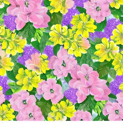 Image similar to a floral pattern in repeat in pastel colors like pinks, lilacs, lemon yellows and sea greens.. Having pretty roses and libernums