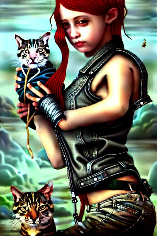 Prompt: punk rock girls making selfie and smoking with cats in jungle , mad max jacket, post apocalyptic, renaissance, highly detailed, digital painting, oil painting by Leonardo Da Vinci, hyper realistic style, fantasy by Olga Fedorova