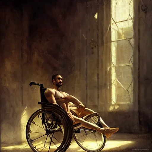 Prompt: handsome portrait of a wheelchair guy fitness posing, radiant light, caustics, war hero, playing wheelchair basketball, by gaston bussiere, bayard wu, greg rutkowski, giger, maxim verehin