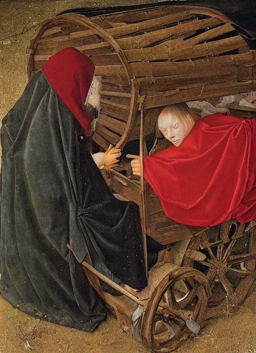 Image similar to Unconscious 10 years old boy dressed in some rags curled up into a ball, he clung to the side of the wagon, medieval painting by Jan van Eyck, Florence