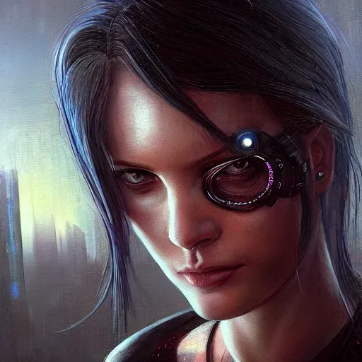 Image similar to neuromancer, closeup portrait of a young beautiful cyberpunk woman, eye implants, sunset, cyberpunk city background, megacity, gorgeous view, depth, painted by seb mckinnon, high detail, digital art, painted by greg rutkowski, trending on artstation