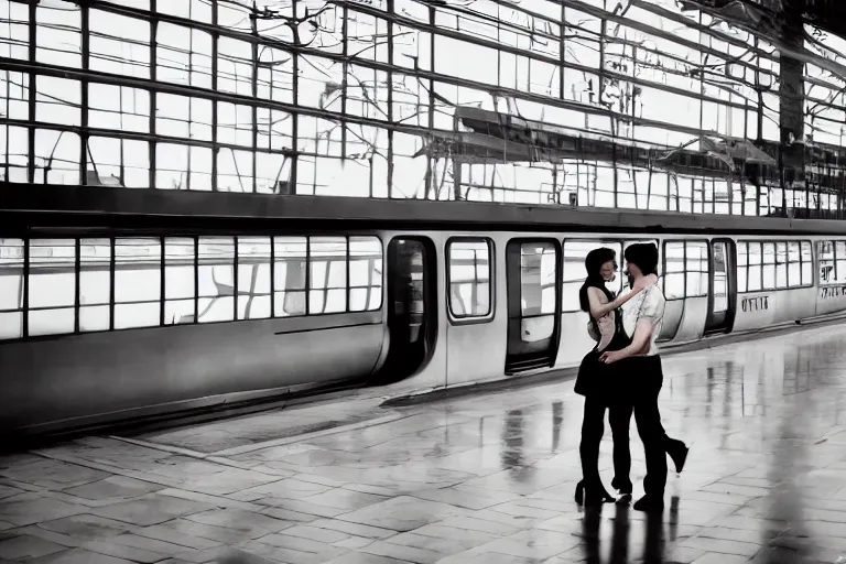 Image similar to vfx movie couple in a train station flat color profile low - key lighting cinematography