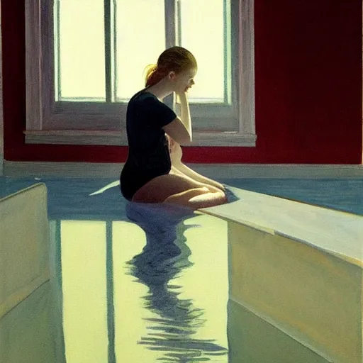 Image similar to painting of Elle Fanning in a flooded house interior, by Edward Hopper