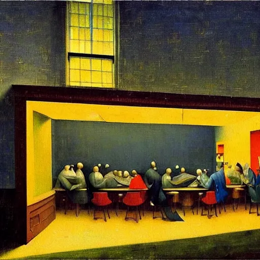 Image similar to oil painting by hieronymous bosch of edward hopper's nighthawks.