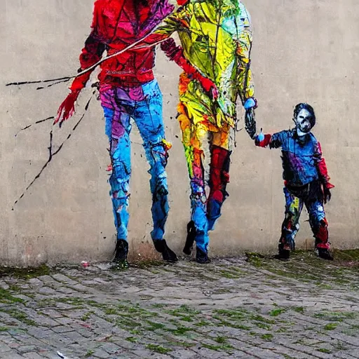 Image similar to a street art of thread knot connecting brother and sister by artur bordalo