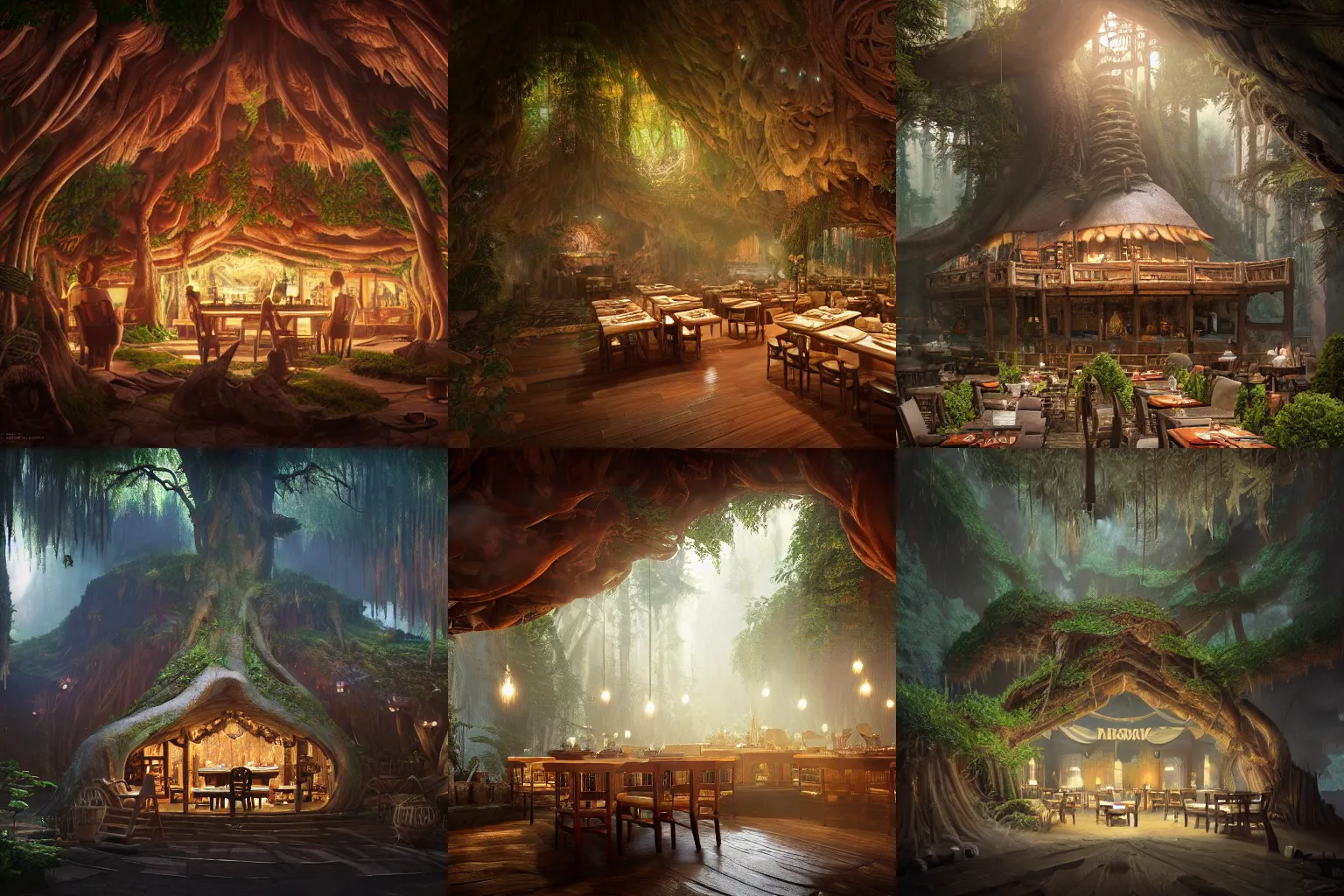 Image similar to interior of a restaurant carved out of a tree, kodak, fuji film, photoreal, 12k ursa, volumetric light, cinematic photograph concept art, intricate, artstation, studio ghibli, eddie mendoza, james chadderton