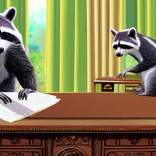 Prompt: racoon president in the oval office with feet on desk