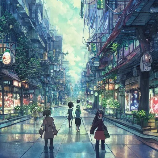 Prompt: city shopping district mixed with a magical forest, anime, by makoto shinkai, highly detailed, artstation, outside