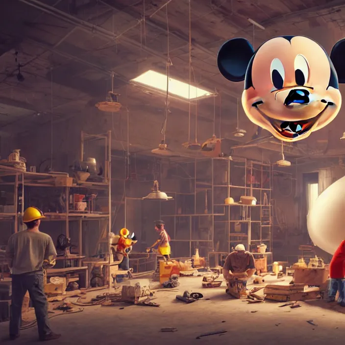 Image similar to crew of workers building giant mickey mouse head in quaint workshop, octane render, 4 k ultra hd, hyper - detailed, realistic, seedy lighting, sharp focus, in style of beeple