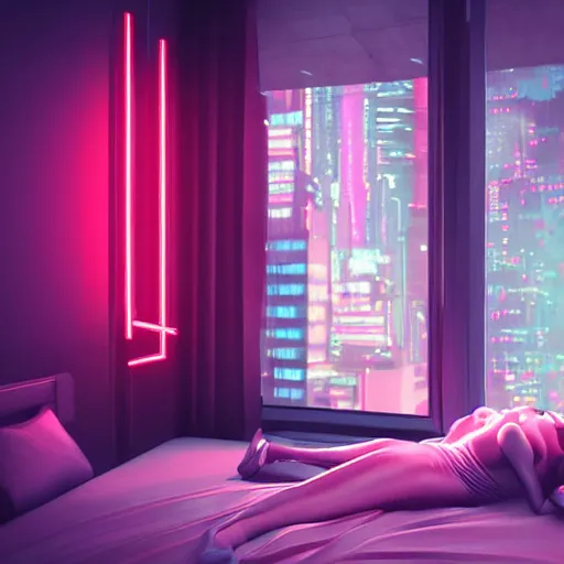 inside a girl room, cyberpunk vibe, neon glowing lights, sharp