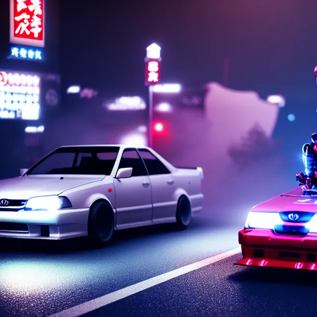 Image similar to toyota jzx 1 0 0 illegal drift car with robot woman approaching, detailed wheels, shibuya prefecture, cinematic lighting, fog mist smoke, photorealistic, night photography, octane render by tomino - sama