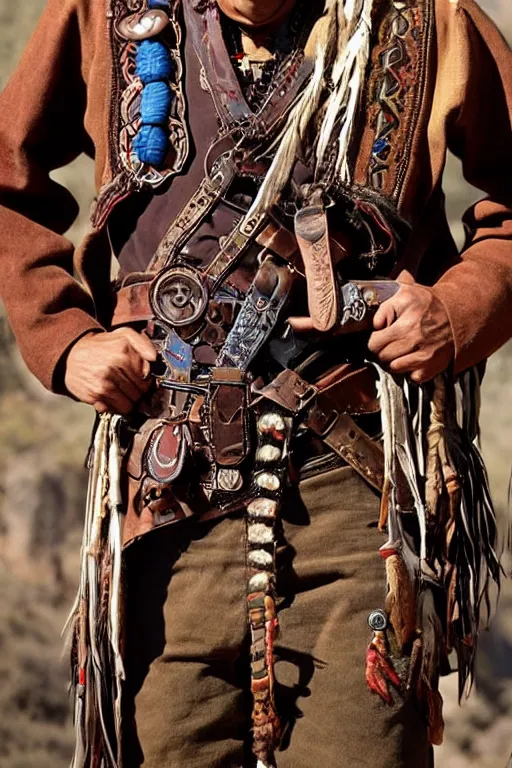 Prompt: thin native American Indian man in his early 30s, wearing cargo buckskin jacket buckskin tactical toolbelt pockets bandolier full of trinket and baubles, steampunk arcane shaman, deadlands, weird west