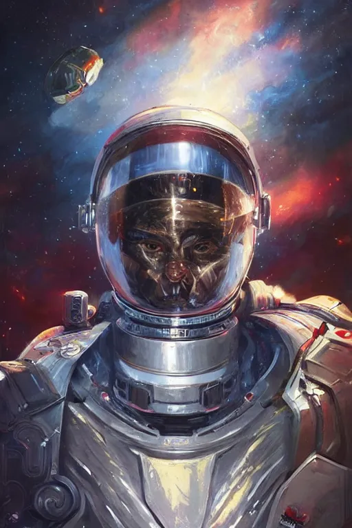 Prompt: portrait of emmanuel macron in space armor, realistic, high definition, 4 k, shimmering color, hyper detailed, art of greg rutkowski and magali villeneuve and artgerm