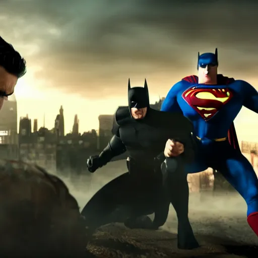 Image similar to a 4k movie still with Homelander (from The Boyz) killing Batman while far in the background Superman is crying