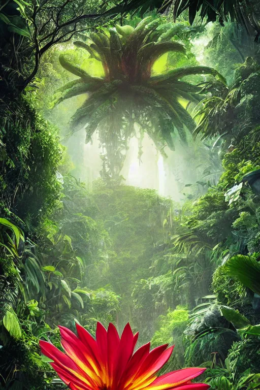 Image similar to a giant exotic flower in the exotic jungle, landscape, alex ross, david finch, concept art, matte painting, highly detailed, rule of thirds, dynamic lighting, cinematic, detailed, denoised, centerd
