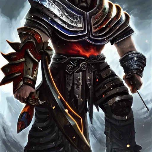 Image similar to Ares the god of war with heavy armor and sword, heavy knight helmet, dark sword in Ares's hand, war theme, bloodbath battlefield background, fiery battle coloring, hearthstone art style, epic fantasy style art, fantasy epic digital art, epic fantasy card game art