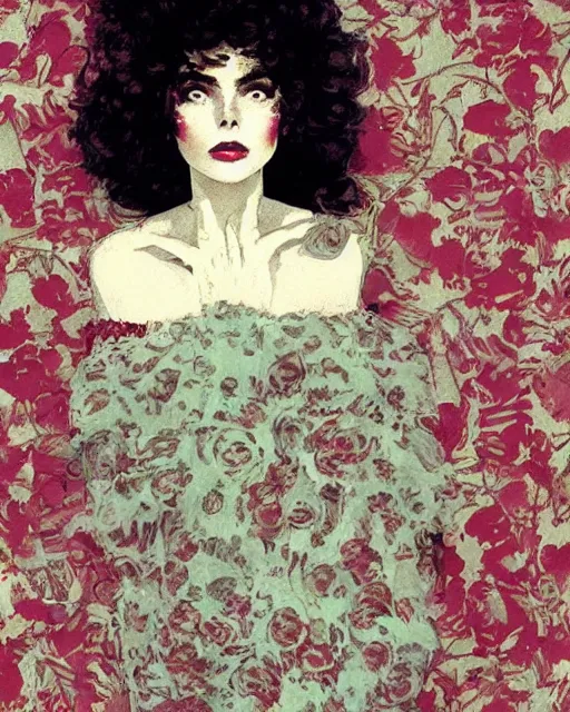 Image similar to a beautiful but sinister girl in layers of fear, with haunted eyes and curly hair, 1 9 7 0 s, seventies, floral wallpaper, delicate embellishments, a little blood, crimson, painterly, offset printing technique, by coby whitmore