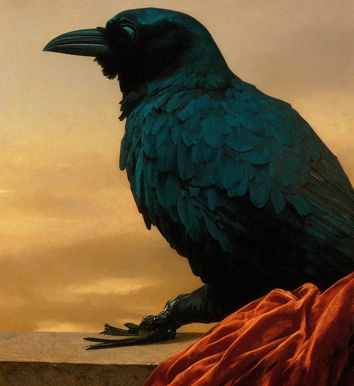 Prompt: a beautifully photoreal clear detailed victorian portrait of a close up raven on a victorian windowsill with an ornate velvet teal curtain at beautiful sunset daytime nature sunlit painting by frederic leighton and turner and rosetti, 8 k, octane render