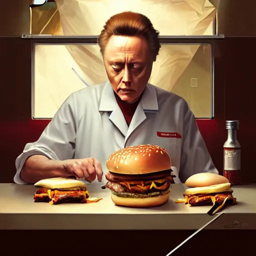 Prompt: Christopher Walken performing emergency surgery on a big mac hamburger, dripping BBQ Sauce, operating on burgers, operating room, surgical gear, intricate, elegant, highly detailed, digital painting, artstation, concept art, matte, sharp focus, illustration, art by Artgerm and Greg Rutkowski and Alphonse Mucha