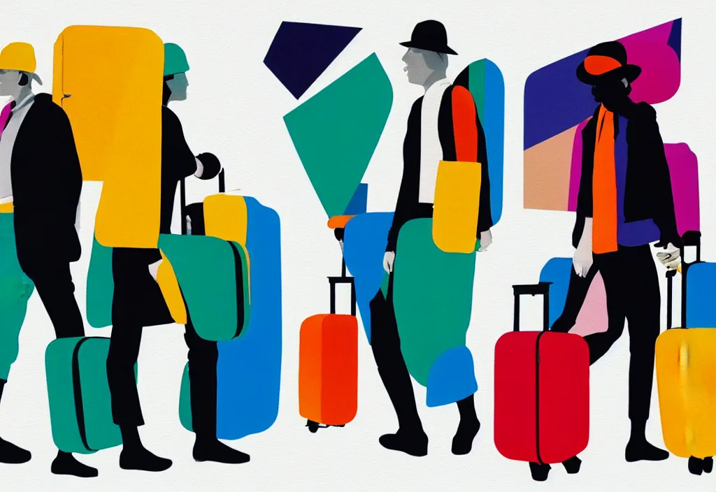 Prompt: full body portrait of a duo of european tourists travel apparel, various poses walking and carrying luggage, geometric character designs painting, in the style of wes anderson, rene magritte, lola dupre, david hockney, isolated on white background, dark monochrome neon spraypaint accents octane render