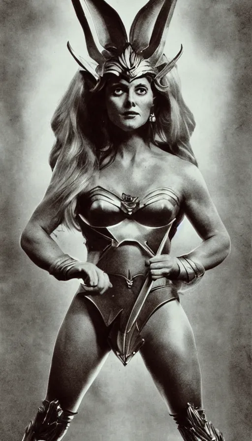 Image similar to she - ra, portrait, full body, symmetrical features, silver iodide, 1 8 8 0 photograph, sepia tone, aged paper, sergio leone, master prime lenses, cinematic