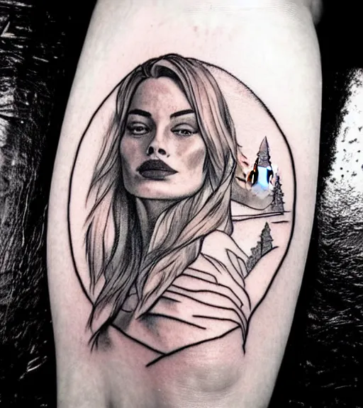 Prompt: tattoo design sketch of margot robbie and beautiful mountain scenery mash up, in the style of varo tattooer, surrealist, amazing detail, sharp