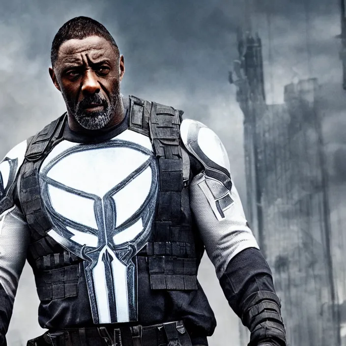 Prompt: film still of Idris Elba as Punisher in new Marvel film, photorealistic 4k