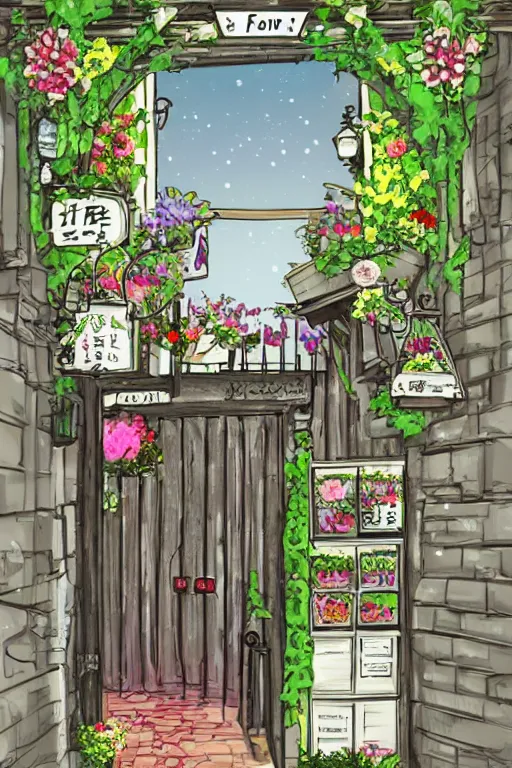 Prompt: a little flower shop's front gate, nostalgic, refreshing, digital illustration, pixiv