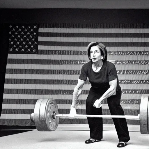 Prompt: nancy pelosi deadlifting 5 0 0 pounds, realism, fine details, unreal, render, cinematic, epic, volumetric lighting