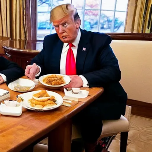 Image similar to photograph of trump and Biden sitting and eating breakfast at a Wafflehouse