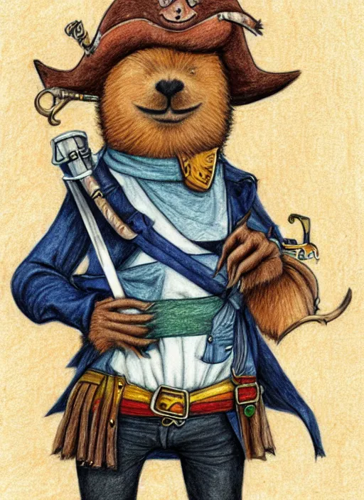 Image similar to detailed colored pencil drawing of a cute anthropomorphic capybara as a pirate