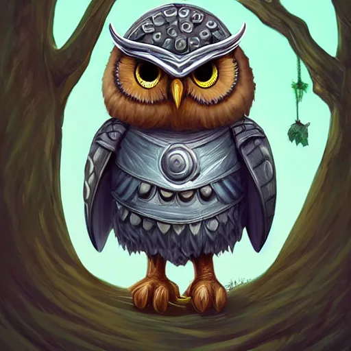 Prompt: A detailed, highly realistic anthropomorphic owl with a viking helmet, green shirt and round shield standing in front of a tree, an anthropomorphic owl with a fluffy face wearing armor in front of a tree, digital art, ArtStation, Commission
