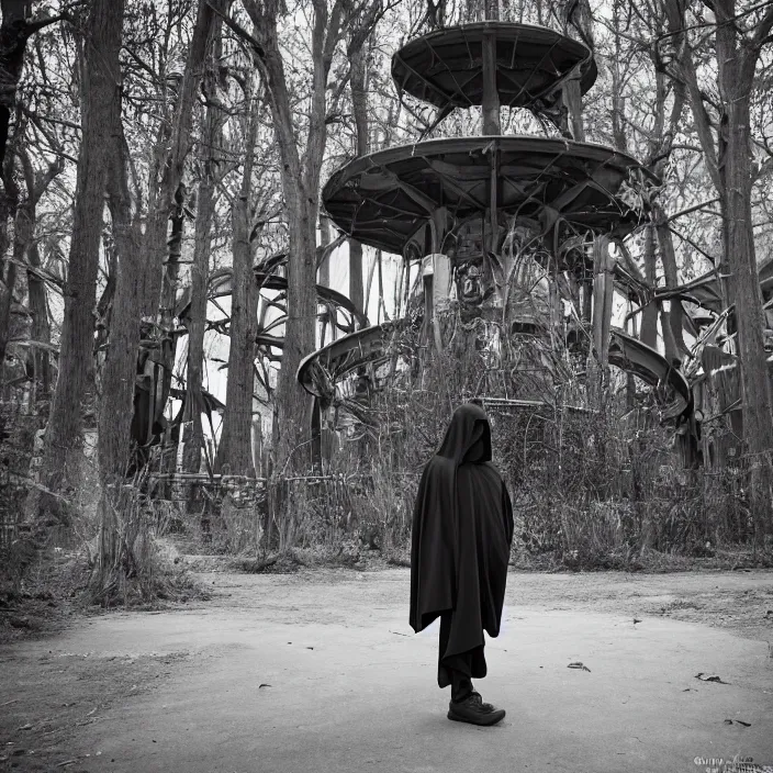 Image similar to a cloaked figure in an abandoned amusement park, by omar z. robles, canon eos c 3 0 0, ƒ 1. 8, 3 5 mm, 8 k, medium - format print