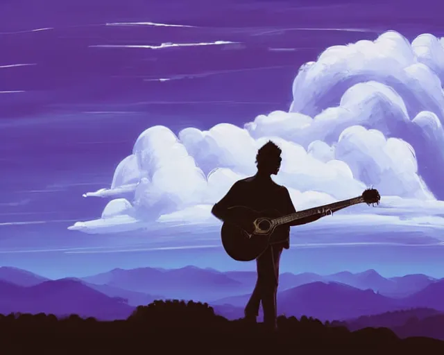 Image similar to A slightly silhouetted figure of a man with a guitar, clouds that look like mountains high in the sky, the clouds are a deep blue purple color with the sun blazing behind the clouds, deep focus, D&D, fantasy, intricate, elegant, highly detailed, digital painting, artstation, concept art, matte, sharp focus, illustration, hearthstone, art by Artgerm and Greg Rutkowski and Alphonse Mucha