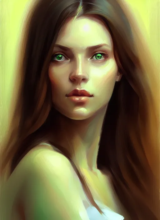 Image similar to portrait of a gorgeous young woman in the style of stefan kostic, green eyes, long brown hair, artstation, concept art