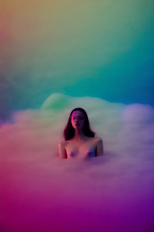 Image similar to high quality pastel coloured film close up wide angle photograph of a model wearing clothing swimming on cloud furniture in a icelandic black rock!! environment in a partially haze filled dreamstate world. three point light, rainbow. photographic production. art directed. pastel colours. volumetric clouds. pastel gradient overlay. waves glitch artefacts. extreme facial clarity. 8 k. filmic.