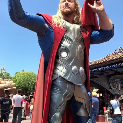 Image similar to Thor standing in line for a ride in DisneyLand