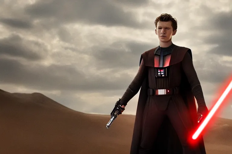 Image similar to tom holland as a sith in a new star wars film, 3 5 mm photography, highly detailed, cinematic lighting, standing pose, holding lightsaber 4 k