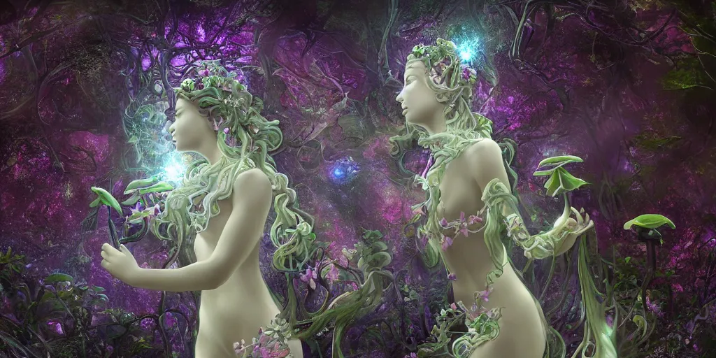 Image similar to glowing delicate flower and mushrooms that grow in a dark fatansy forest on the planet Pandora, an idealistic marble statue with fractal flowery hair in a fractal garden, symmetrical,