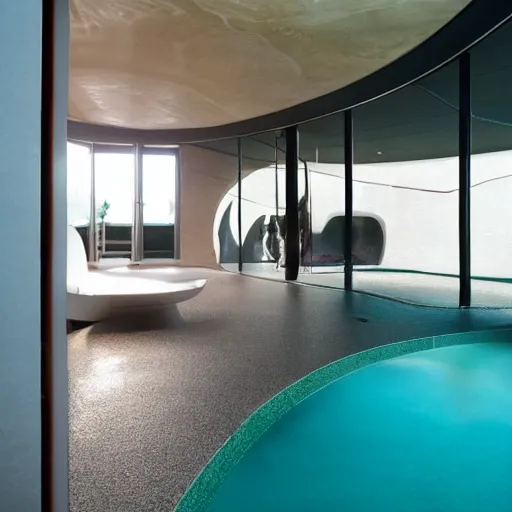 Image similar to curved futuristic room interior with spongy walls. there is a swimming pool on the floor