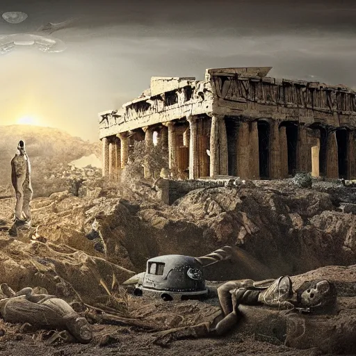 Image similar to 1940s movie about an alien invasion Ancient Athens, UFOs, portrait, intricate, 8k highly professionally detailed, HDR, CGsociety