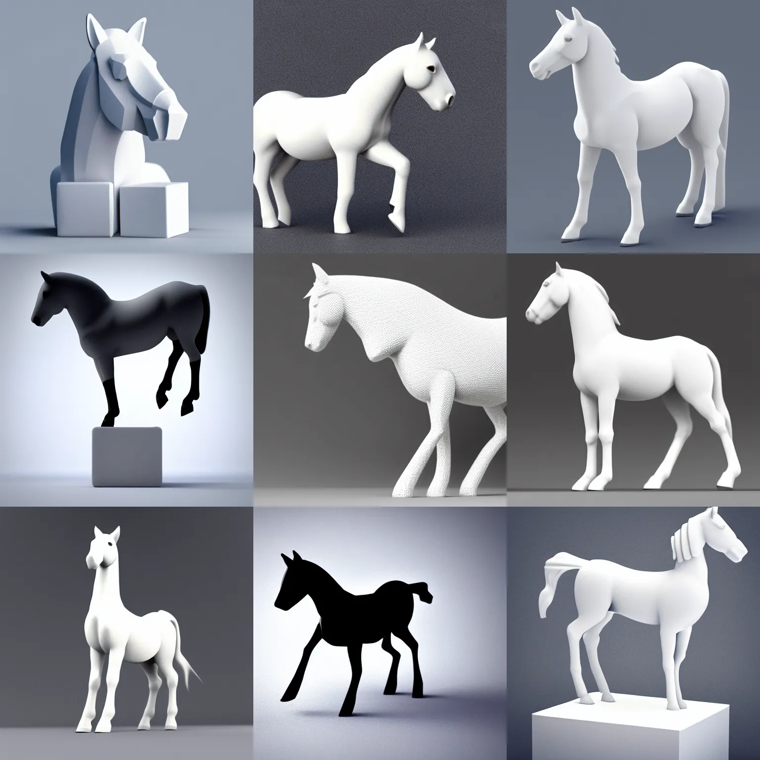 Prompt: a simple black - tailed white horse is standing with his four legs in one place standing on a little cube that looks like an astronaut. minimalist style, 3 d render.