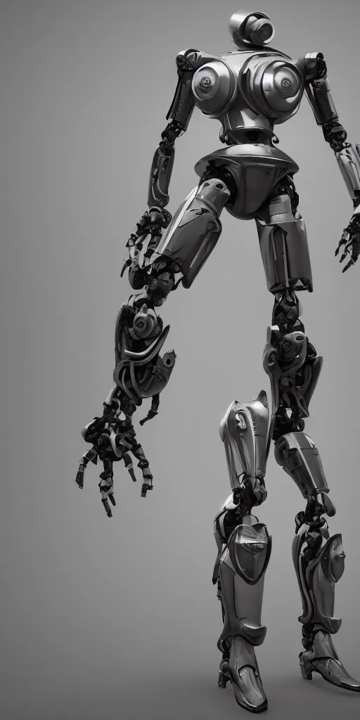 Image similar to a robot is standing in a black and white photo, a 3 d render by senior character artist, cgsociety, afrofuturism, hard surface modeling, cryengine, zbrush